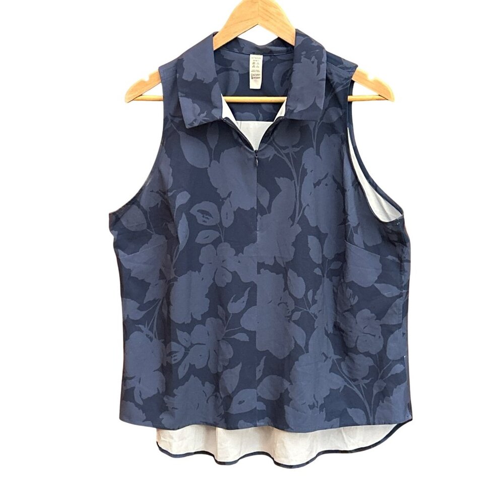 Spanx Blue Floral Sunshine Sleeveless Zip Up Blouse Shapewear Tank 1X UPF 50